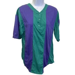 🟣 Penny Lane M Teal Purple Colorblock Henley Top Y2K 90s Sporty Oversized Tunic